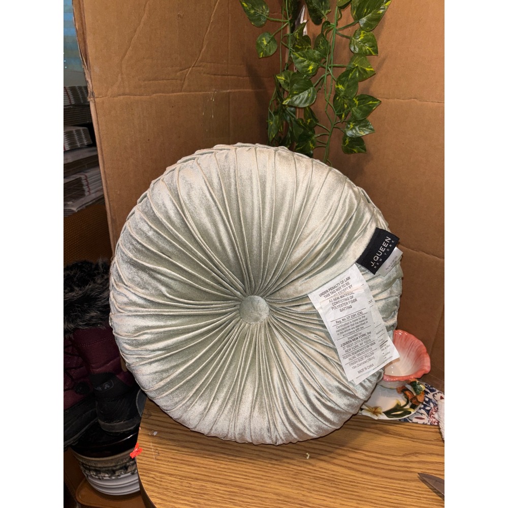 J. Queen New York Sage Green Velvet Round Pleated 15in Decorative Throw Pillow